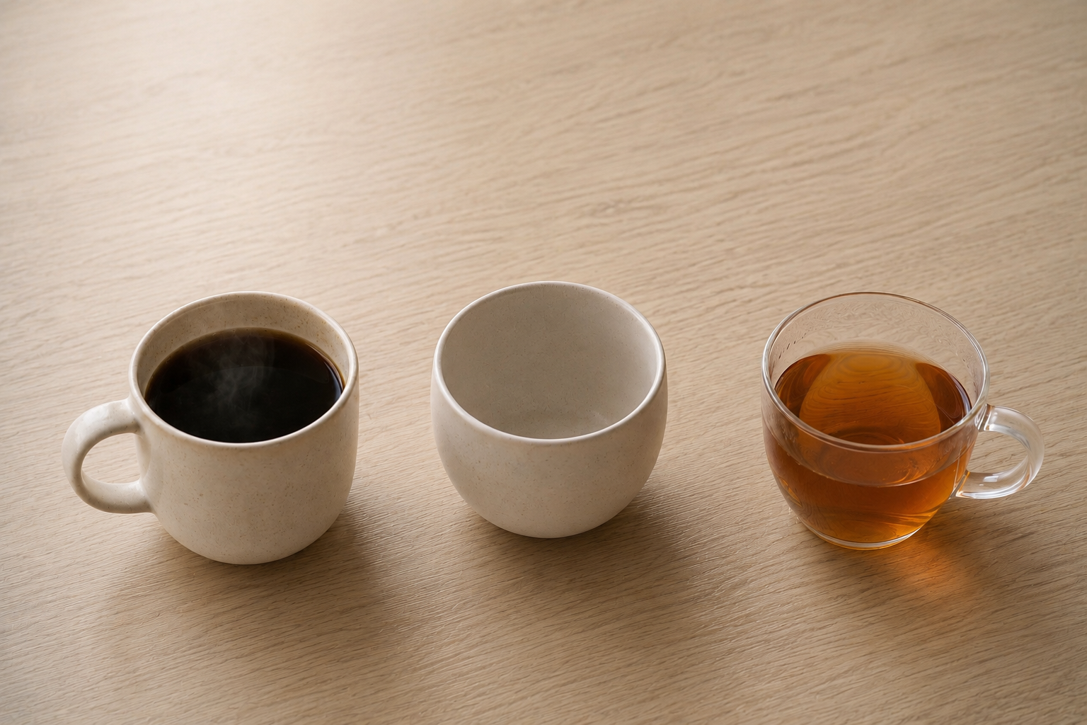 Coffee, an empty ceramic cup and amber tea arranged on a pale oak table.